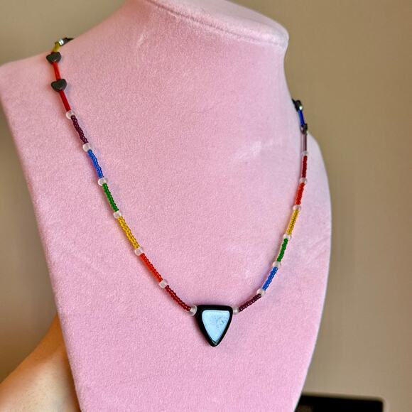 Super Cute Beaded Rainbow and Black Triangle Pride Necklace 18 Inches - Picture 2 of 5